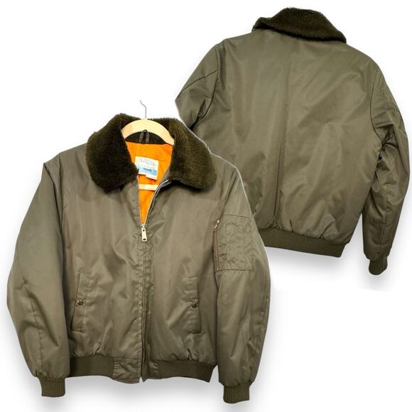 Vtg 70s Sears Work Leisure Bomber Flight Jacket L Brown Faux Fur Collar Japan - Picture 1 of 13